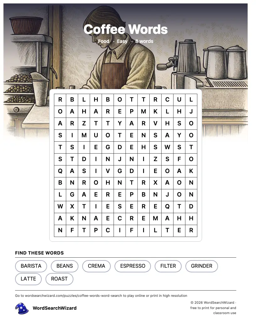 Coffee Words word search printable sheet, 8 words to find