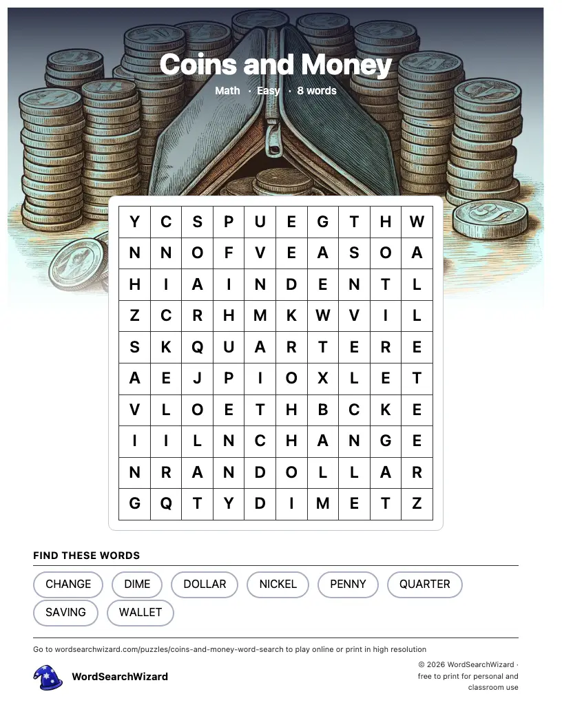 Coins and Money word search printable sheet, 8 words to find