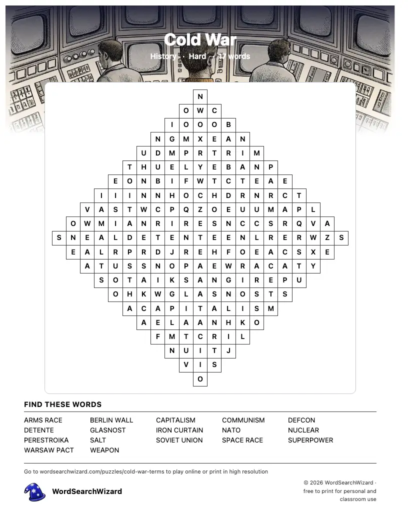 Cold War word search printable sheet, 17 words to find