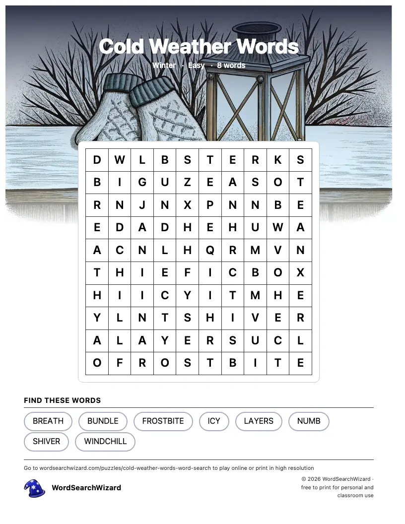 Cold Weather Words word search printable sheet, 8 words to find