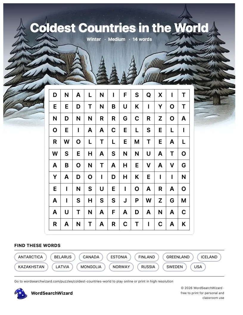 Coldest Countries in the World word search printable sheet, 14 words to find