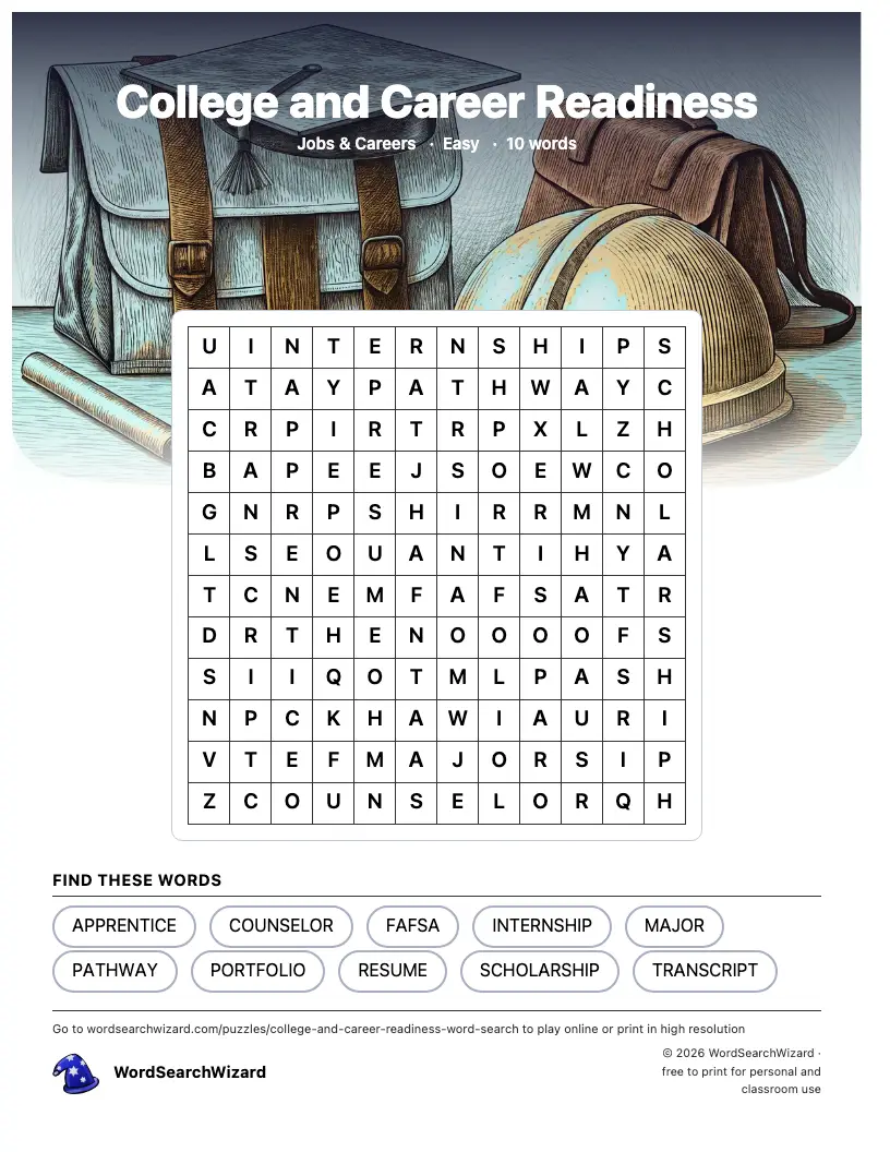 College and Career Readiness word search printable sheet, 10 words to find