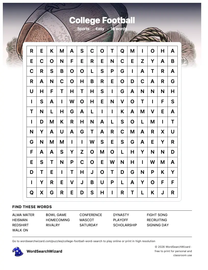 College Football word search printable sheet, 16 words to find