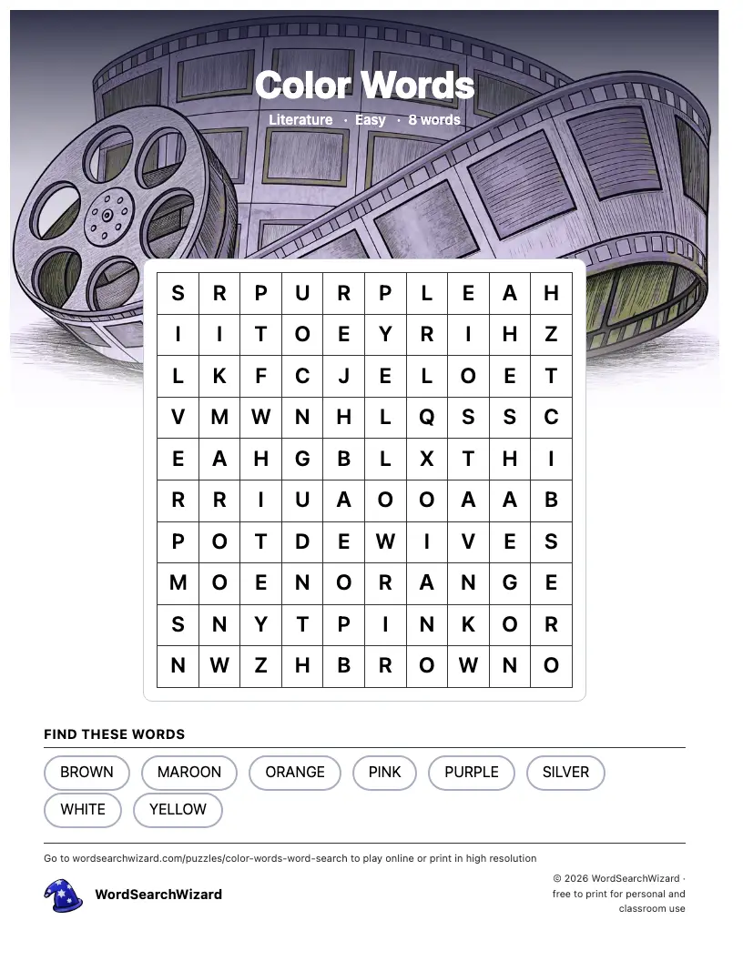 Color Words word search printable sheet, 8 words to find