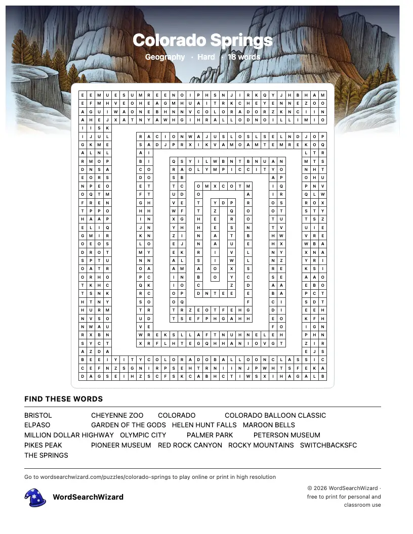 Colorado Springs word search printable sheet, 18 words to find
