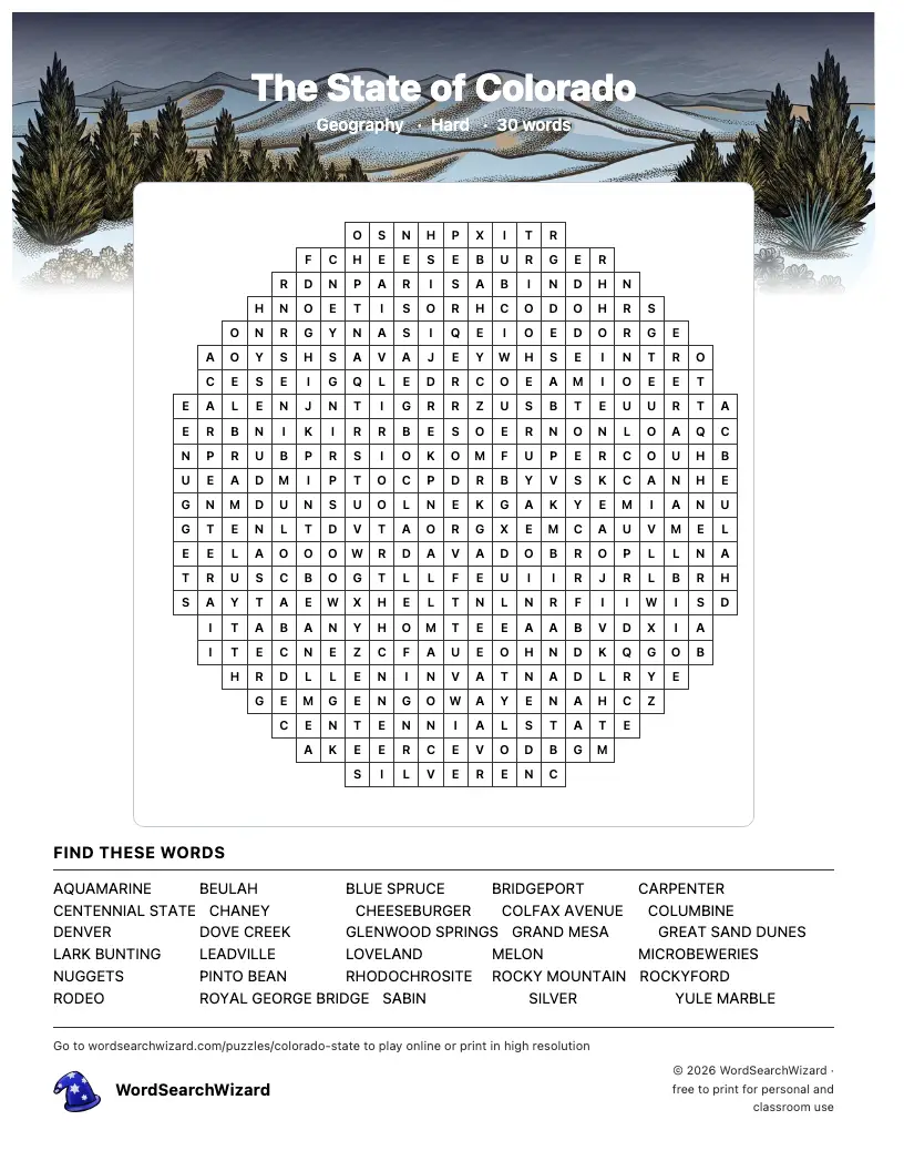 The State of Colorado word search printable sheet, 30 words to find