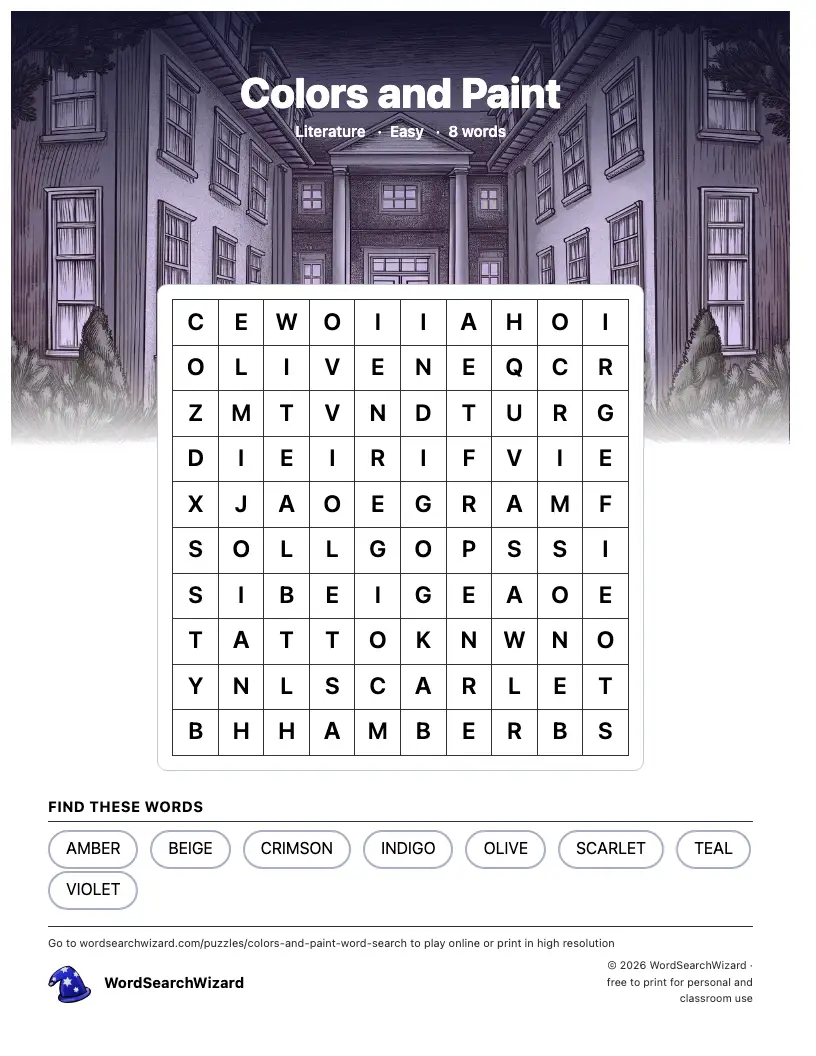 Colors and Paint word search printable sheet, 8 words to find