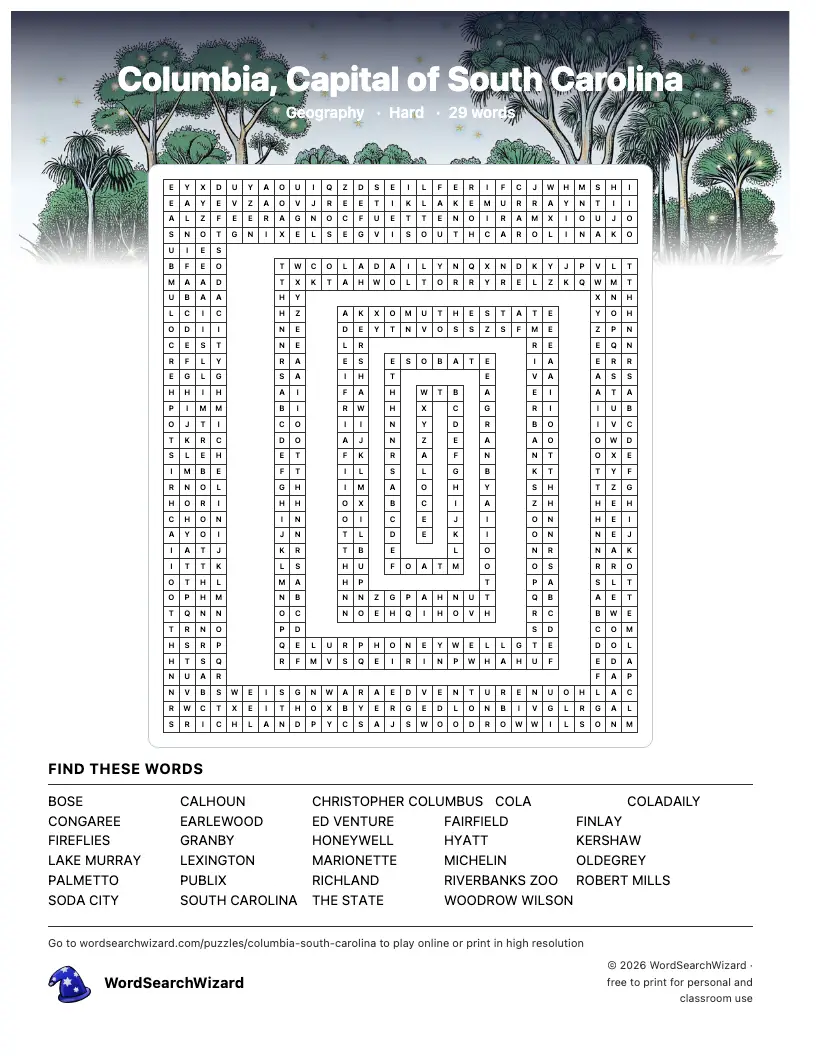 Columbia, Capital of South Carolina word search printable sheet, 29 words to find