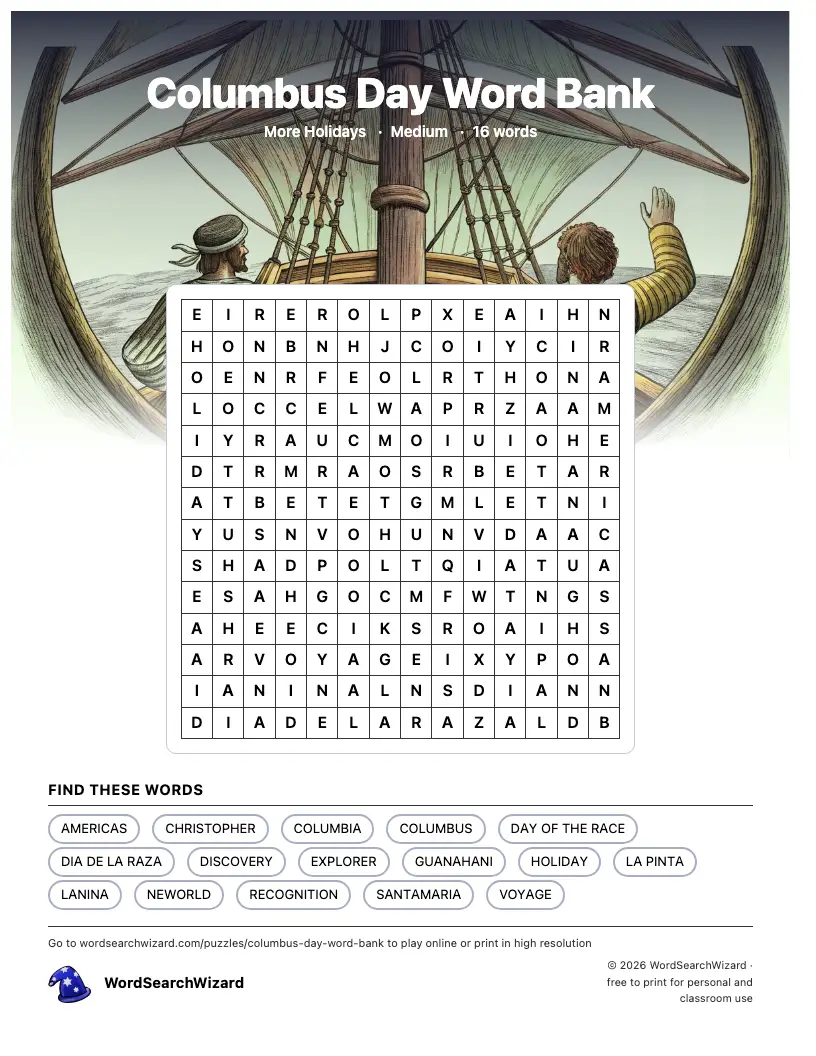 Columbus Day Word Bank word search printable sheet, 16 words to find