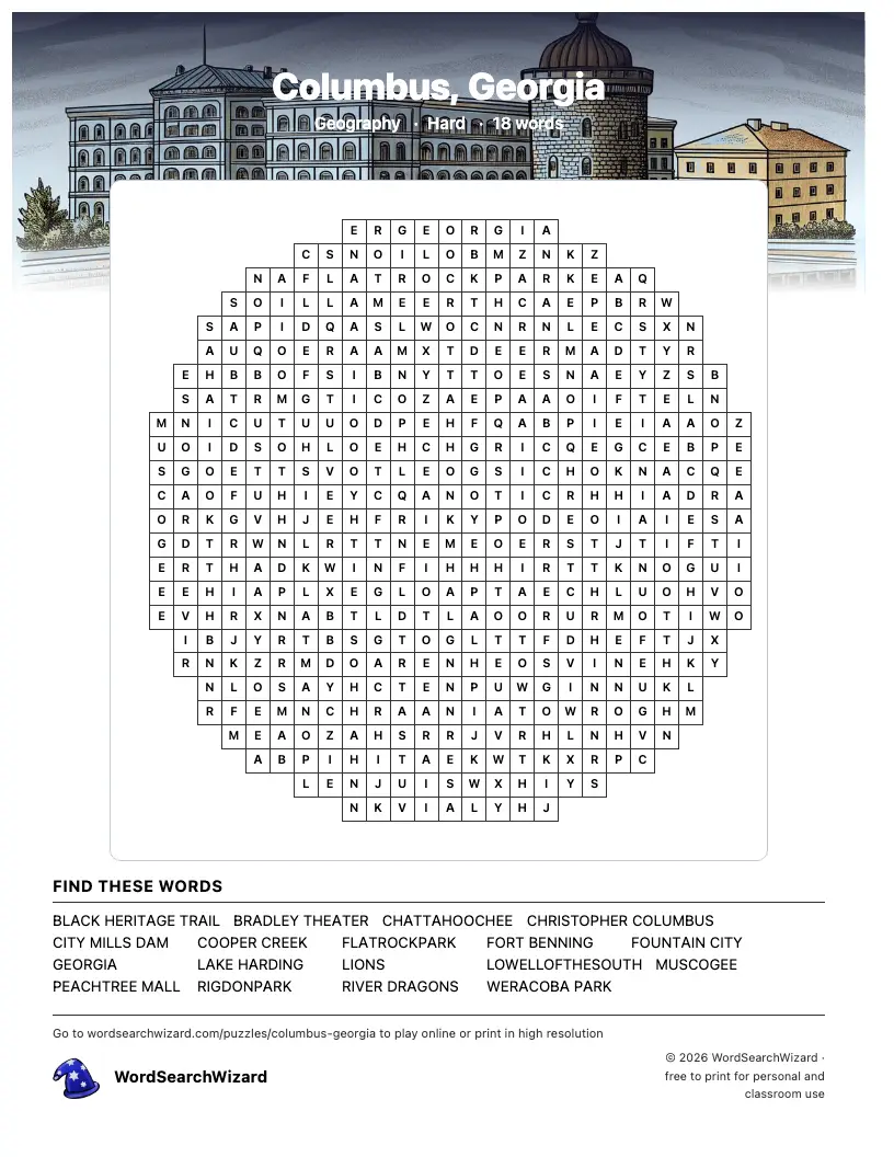 Columbus, Georgia word search printable sheet, 18 words to find