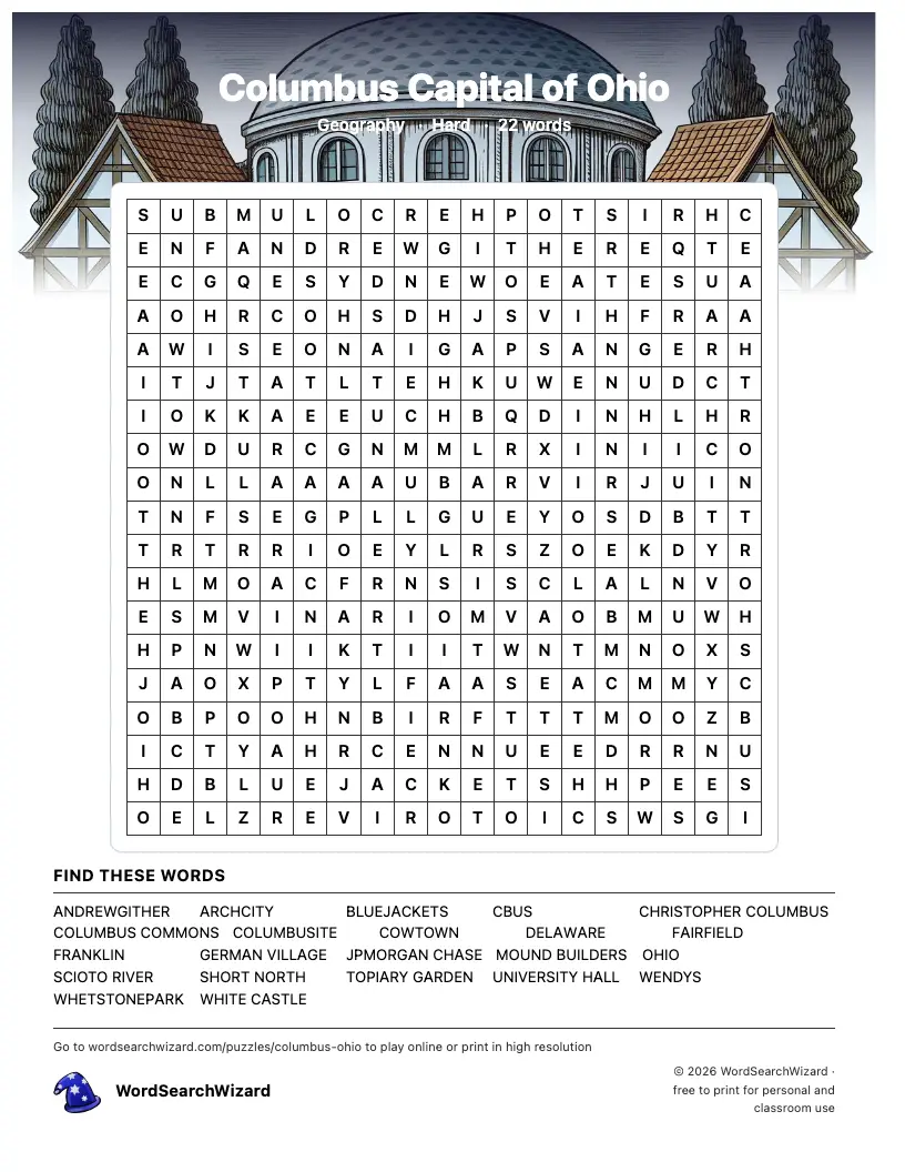 Columbus Capital of Ohio word search printable sheet, 22 words to find