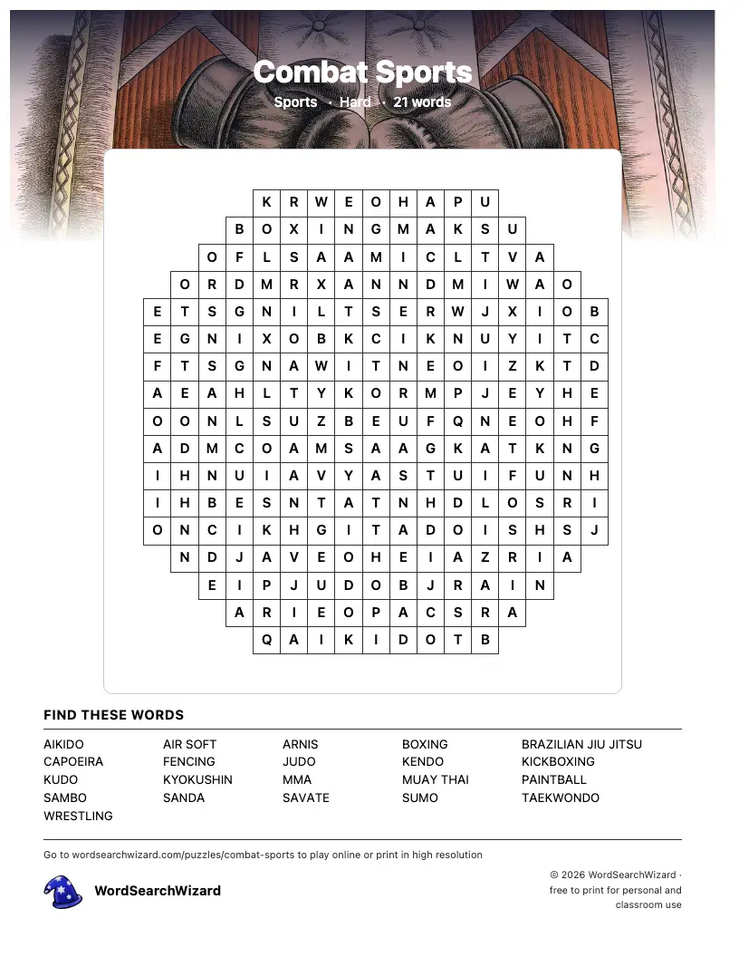 Combat Sports word search printable sheet, 21 words to find