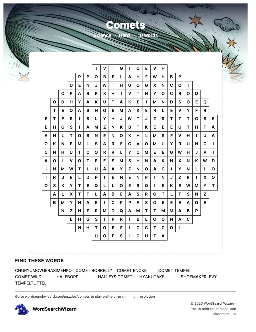 Comets word search printable sheet, 10 words to find