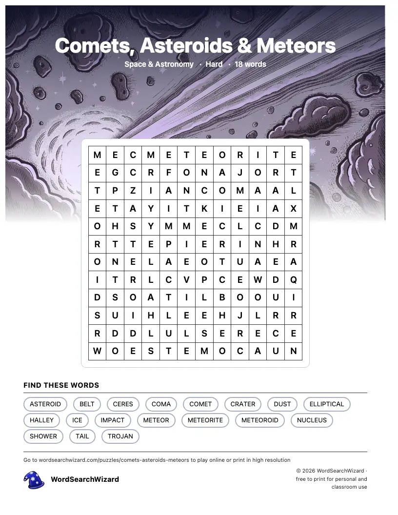 Comets, Asteroids & Meteors word search printable sheet, 18 words to find