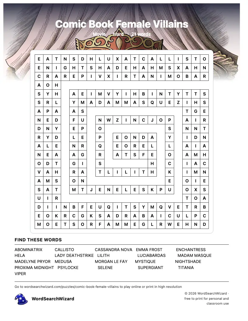 Comic Book Female Villains word search printable sheet, 21 words to find