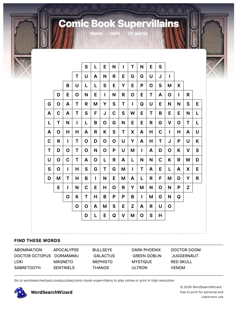 Comic Book Supervillains word search printable sheet, 20 words to find