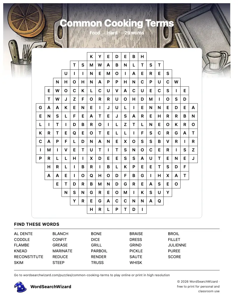 Common Cooking Terms word search printable sheet, 29 words to find