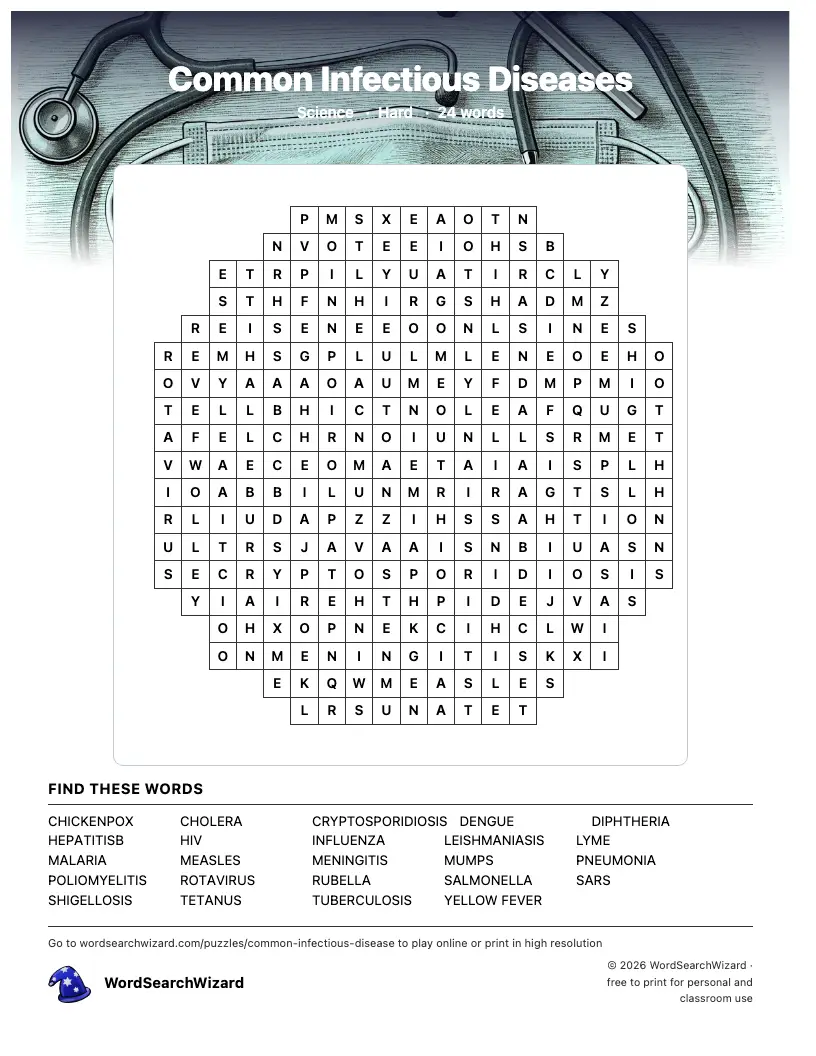 Common Infectious Diseases word search printable sheet, 24 words to find