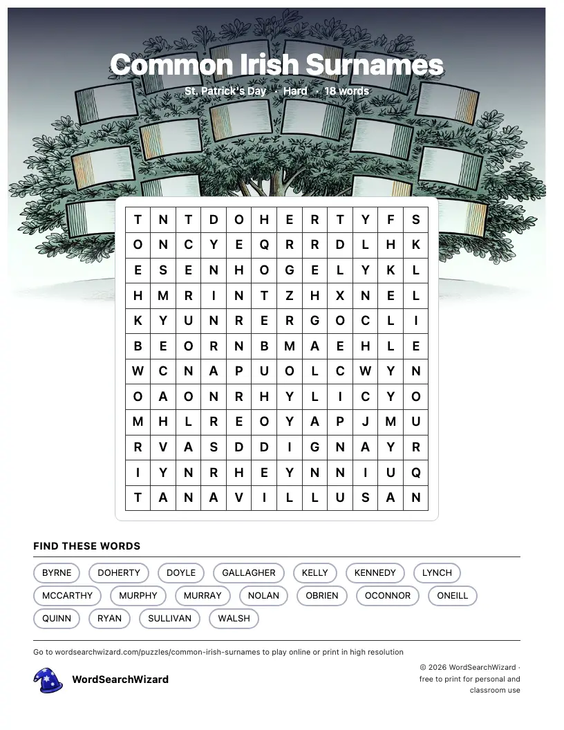 Common Irish Surnames word search printable sheet, 18 words to find