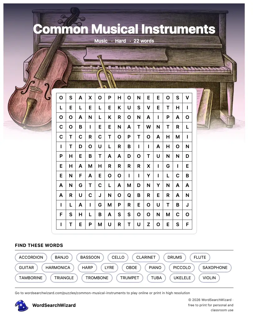 Common Musical Instruments word search printable sheet, 22 words to find