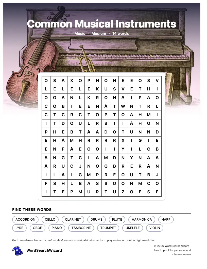 Common Musical Instruments word search printable sheet, 14 words to find