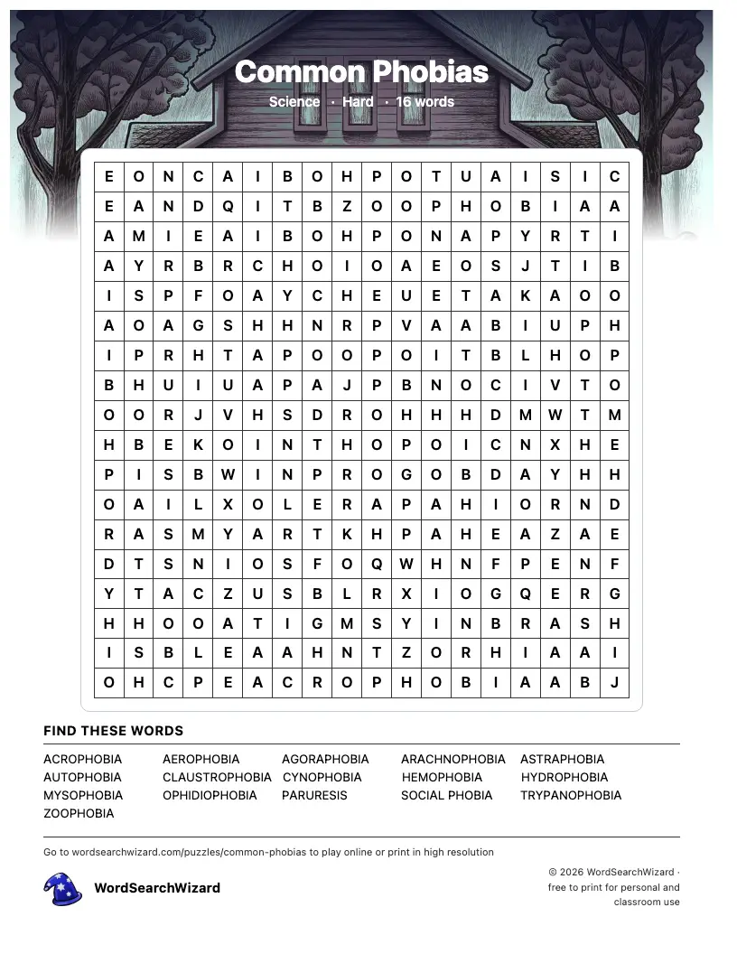 Common Phobias word search printable sheet, 16 words to find