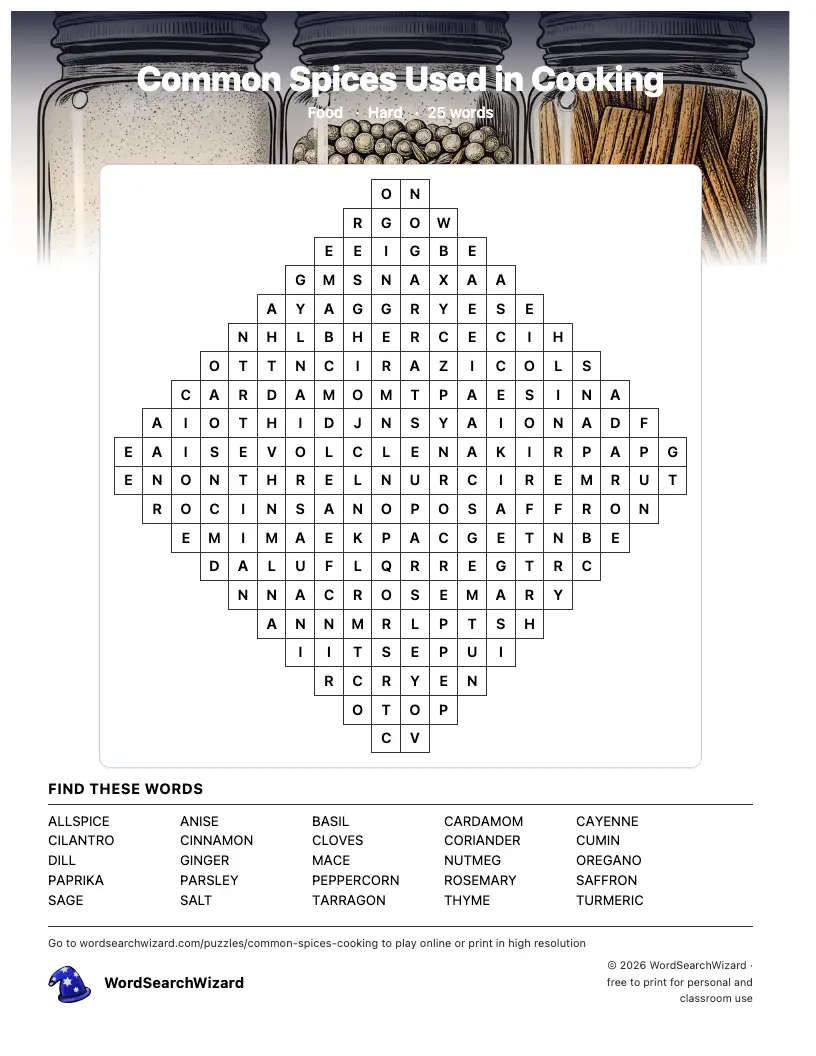 Common Spices Used in Cooking word search printable sheet, 25 words to find