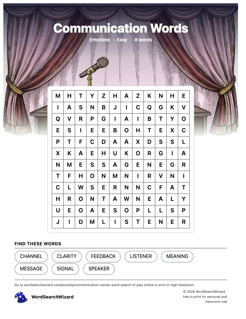 Communication Words word search printable sheet, 8 words to find