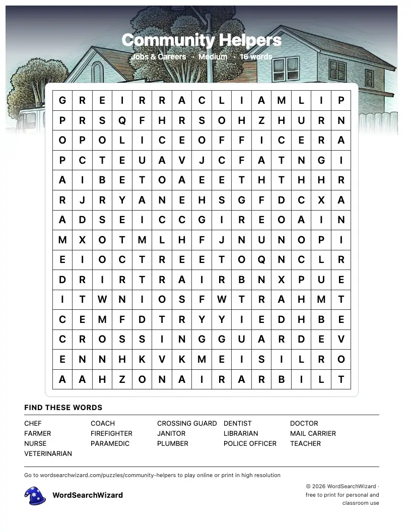 Community Helpers word search printable sheet, 16 words to find