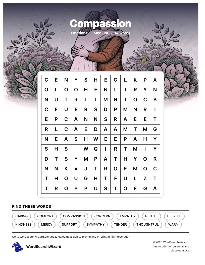 Compassion word search printable sheet, 14 words to find