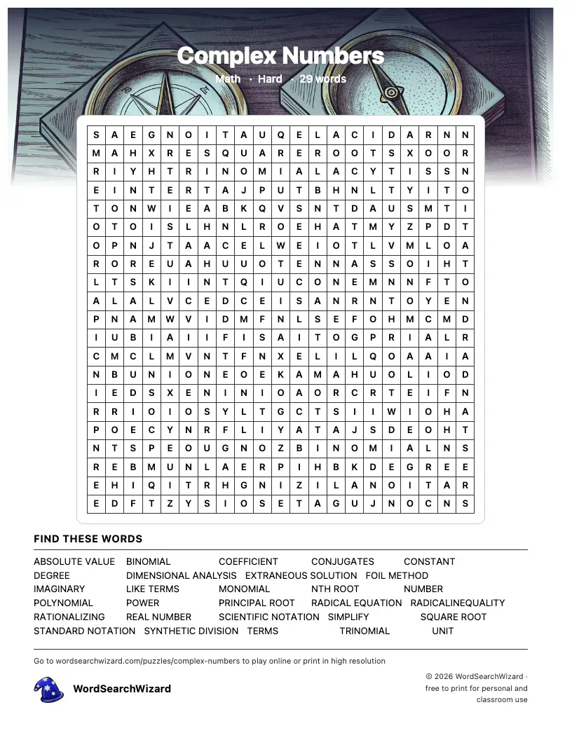 Complex Numbers word search printable sheet, 29 words to find