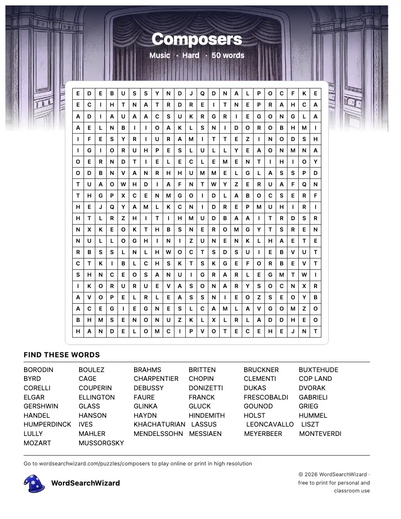Composers word search printable sheet, 50 words to find