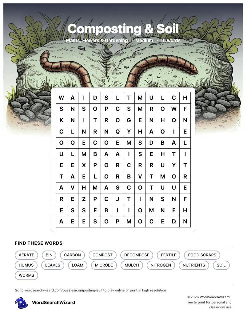 Composting & Soil word search printable sheet, 16 words to find