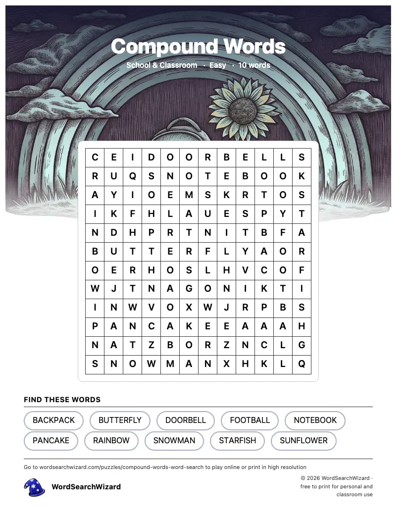 Compound Words word search printable sheet, 10 words to find