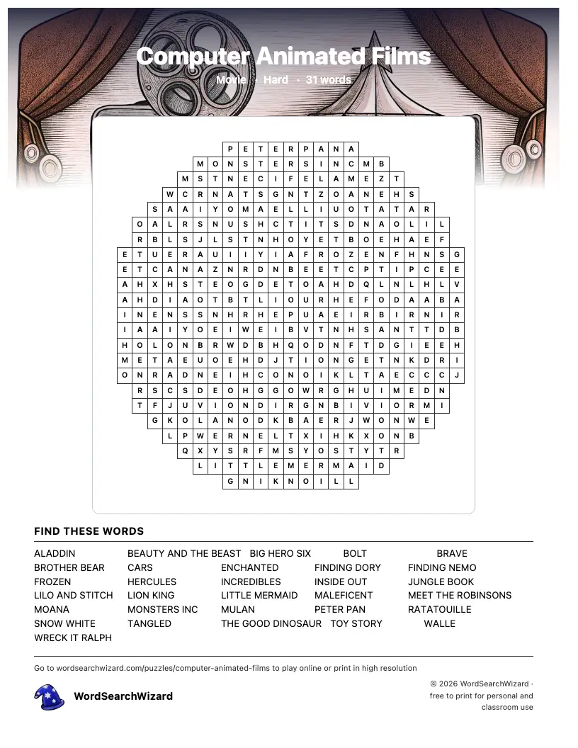 Computer Animated Films word search printable sheet, 31 words to find