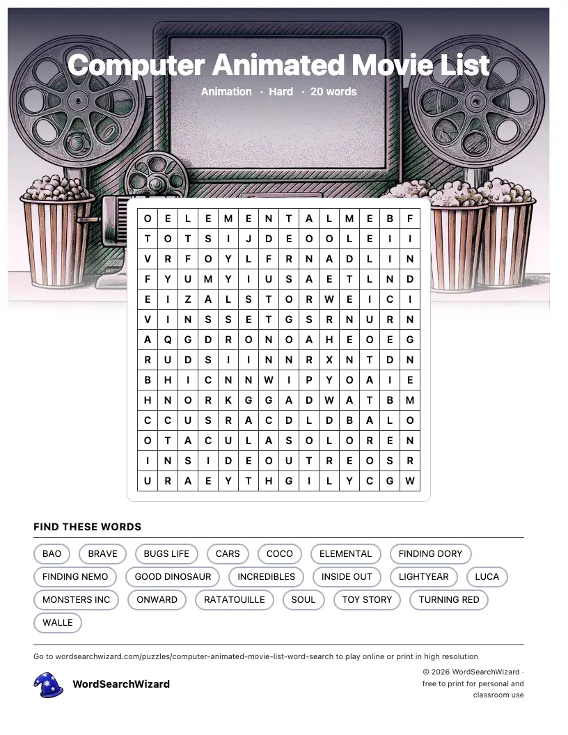 Computer Animated Movie List word search printable sheet, 20 words to find