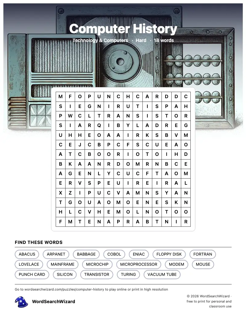 Computer History word search printable sheet, 18 words to find