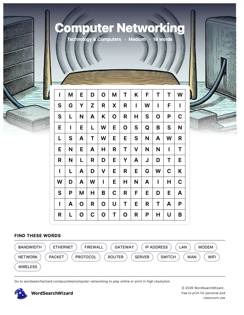 Computer Networking word search printable sheet, 16 words to find