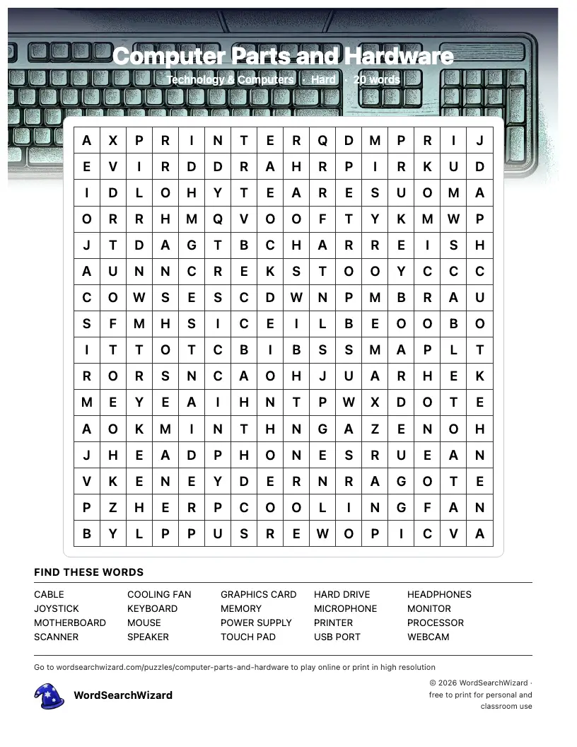 Computer Parts and Hardware word search printable sheet, 20 words to find