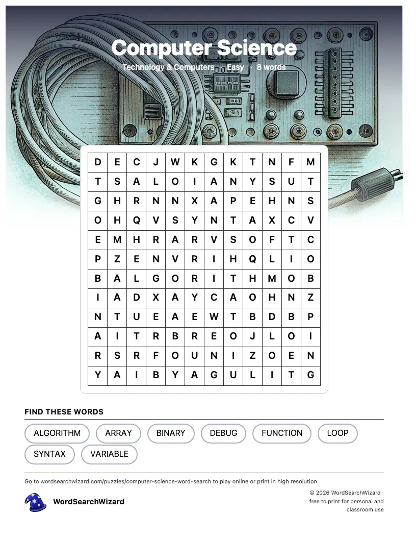 Computer Science word search printable sheet, 8 words to find
