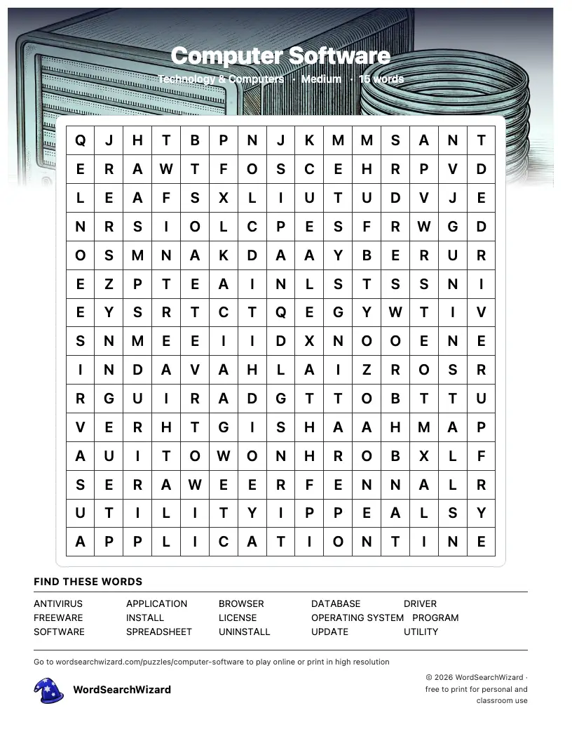 Computer Software word search printable sheet, 15 words to find