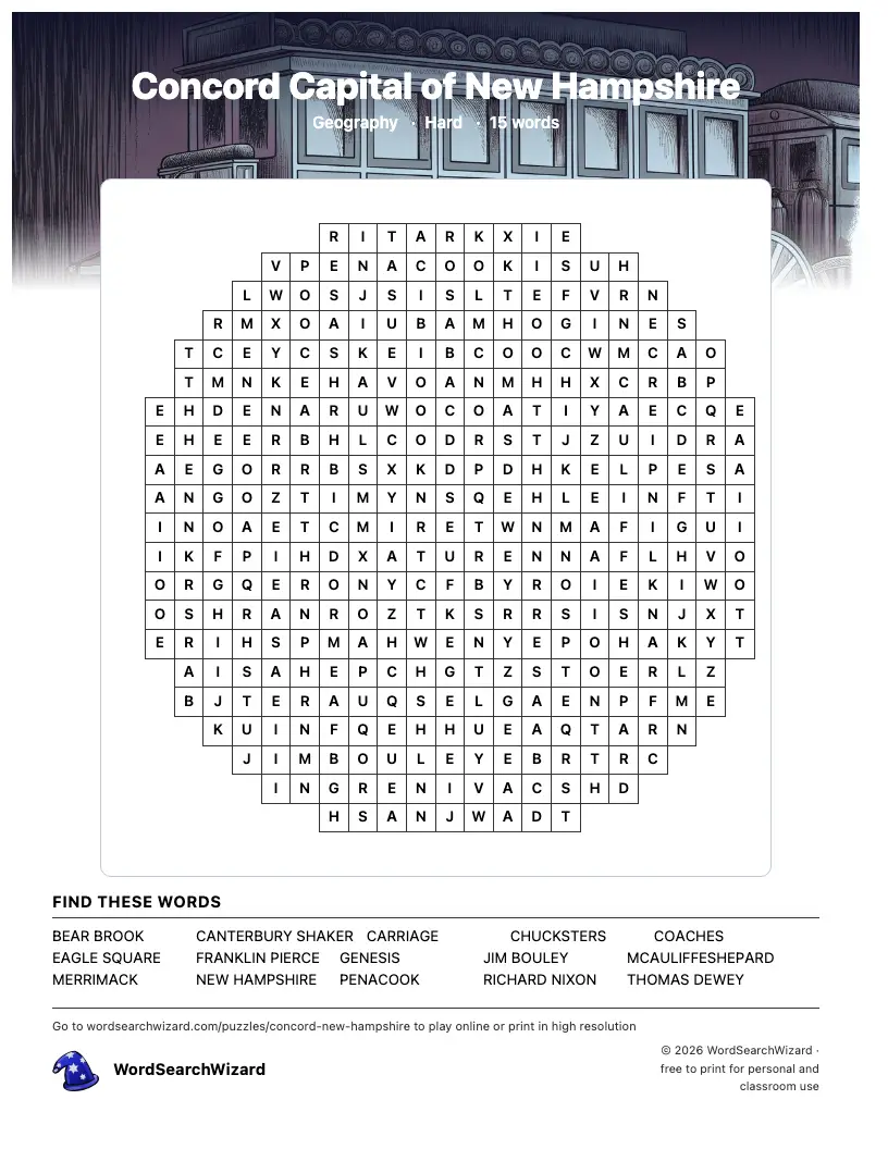 Concord Capital of New Hampshire word search printable sheet, 15 words to find