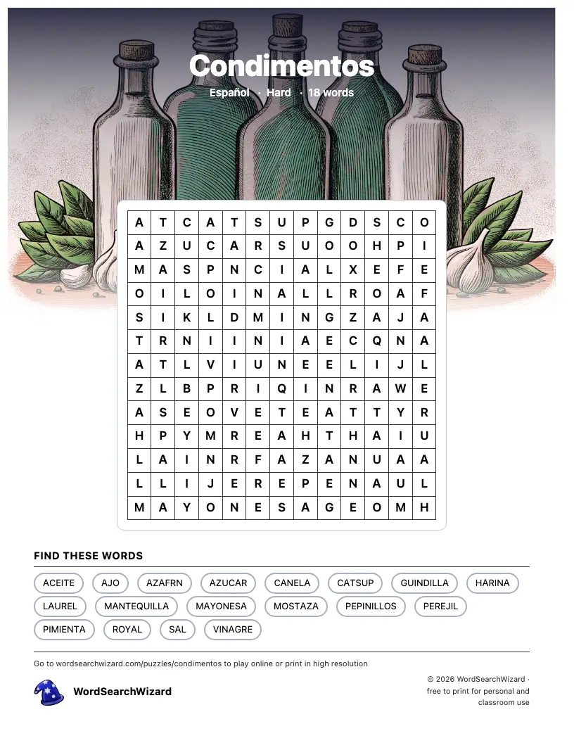 Condimentos word search printable sheet, 18 words to find