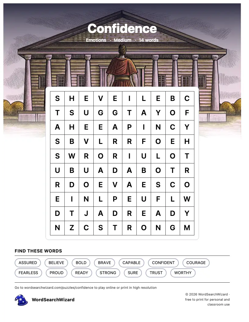 Confidence word search printable sheet, 14 words to find