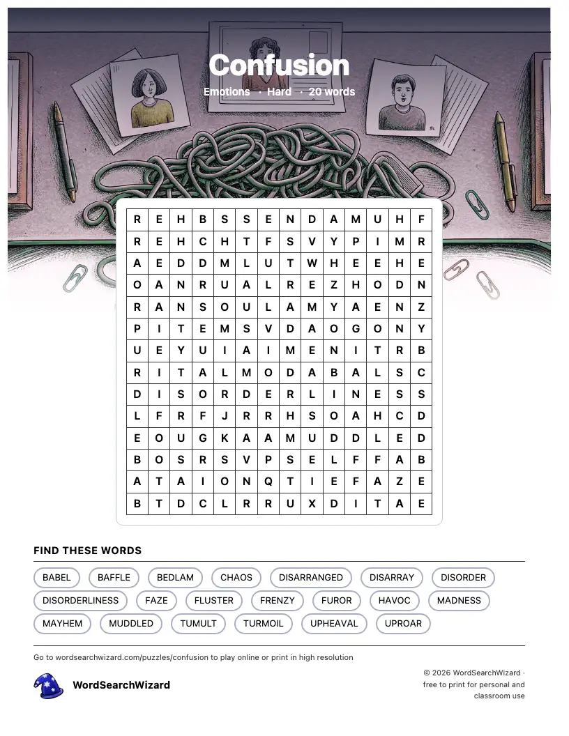 Confusion word search printable sheet, 20 words to find