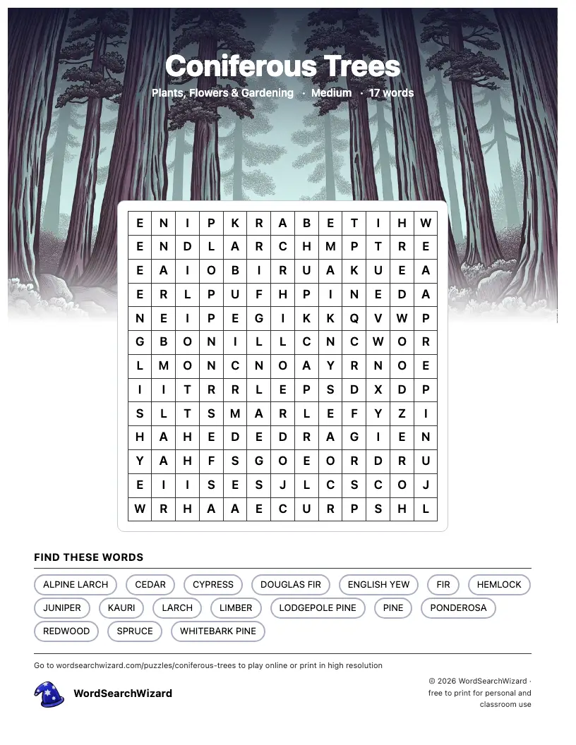 Coniferous Trees word search printable sheet, 17 words to find