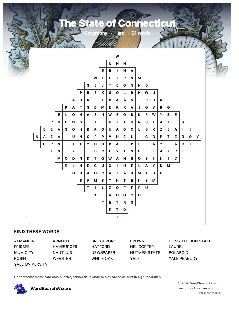 The State of Connecticut word search printable sheet, 21 words to find