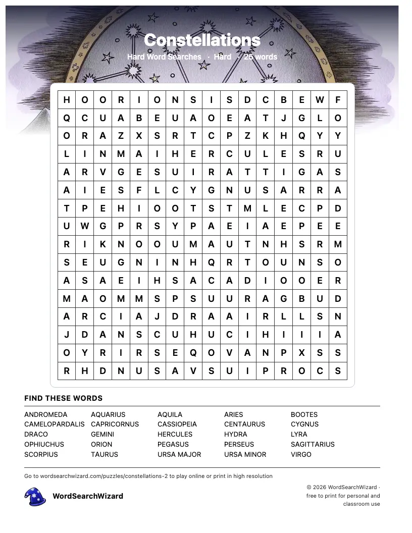 Constellations word search printable sheet, 25 words to find