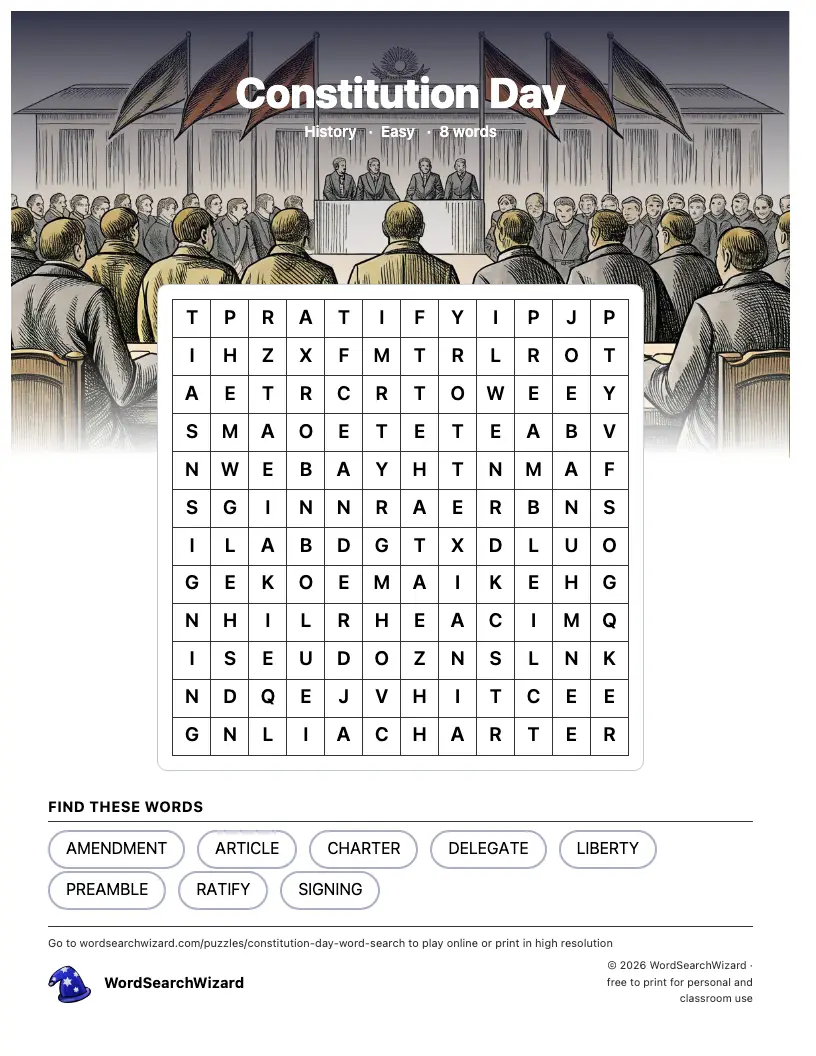 Constitution Day word search printable sheet, 8 words to find