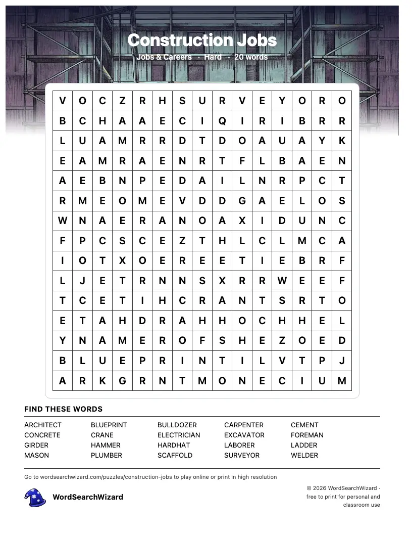 Construction Jobs word search printable sheet, 20 words to find